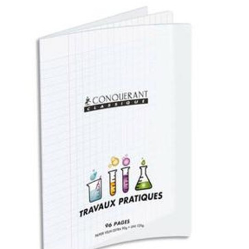 Liste scolaire : cahier Travaux Pratiques piqûre 17x22 cm en 32 pages Séyes + 32 p. unies. Couverture plastique PP incolore