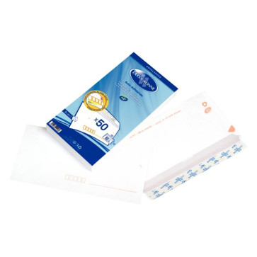 Paquet de 50 enveloppes blanches précasées DL 110x220 80g/m² bande de protection