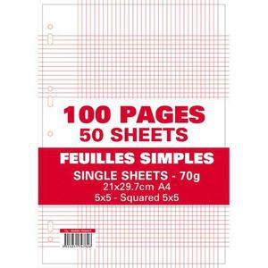 Liste scolaire pas cher les 100 pages copies simples  perforées. 21x29,7 A4,  soit 50 feuilles petit carreaux 5x5 70g.