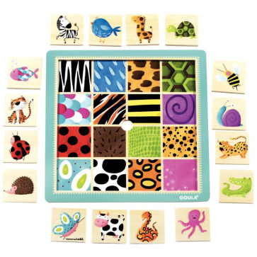 Puzzle en bois, 16 pièces à encastrer, textures animaux