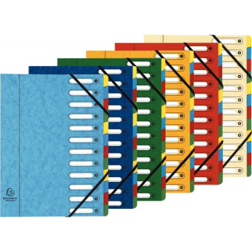 Trieur en carte lustrée à fenêtre découpées à 12 compartiments, fermeture par élastiques, 4  assortis ( bleu - rouge - vert - jaune )