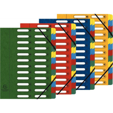 Trieur en carte lustrée à fenêtre découpées à 24 compartiments, fermeture par élastiques, 4  assortis ( bleu - rouge - vert - jaune )