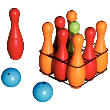 Jeu de bowling 9 quilles en plastique + 2 boules - 4 couleurs assorties Hauteur 27 cm