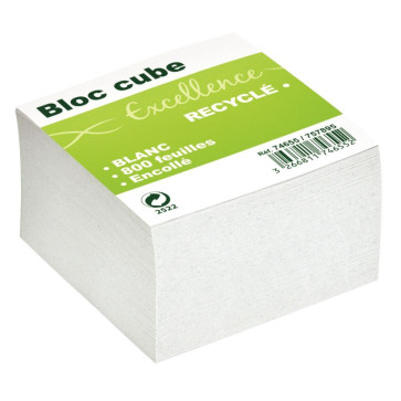 Bloc cube recyclé blanc d'environ 800 feuilles encollées, dimensions : 9 x 9 x 9 cm
