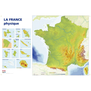 Carte de France physique. Dimensions : 1,20x0.80 mètre