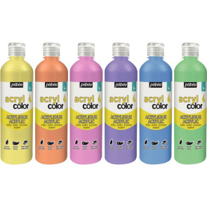 Peinture ACRYLCOLOR couleurs pastel assorties, carton de 6 flacons 500 ml.