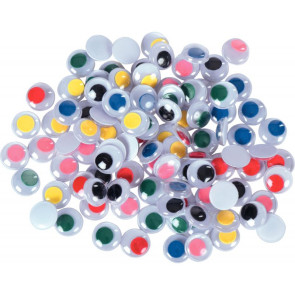 Sachet de 100 yeux mobiles à coller diamètre 10 mm 6 couleurs assorties :( noir, bleu, vert, jaune, rose, rouge )